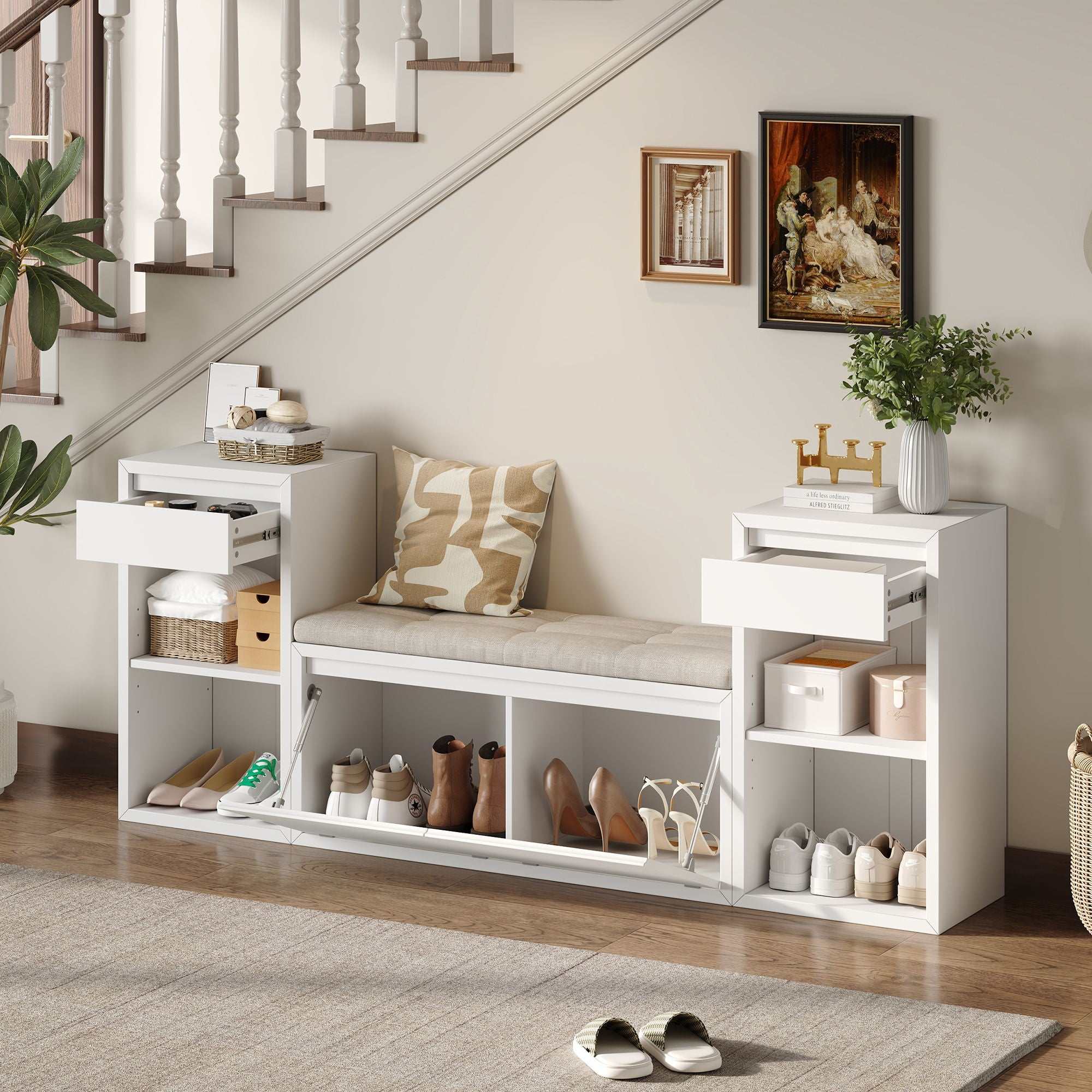 Entryway storage bench with cushion, drawers, and open shelves in multiple finishes for organized entryway storage and seating