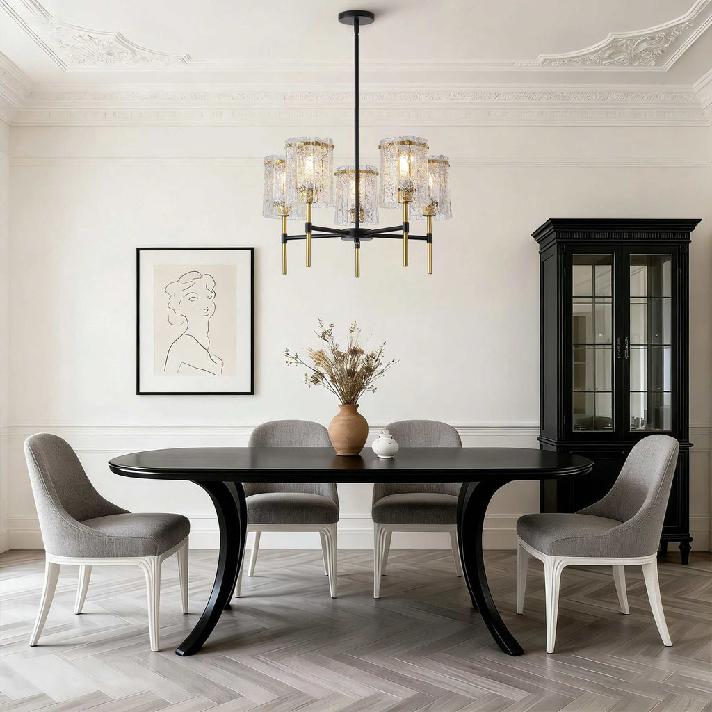 Black and gold 5 light chandelier with textured water-ripple glass pendant shades for living room