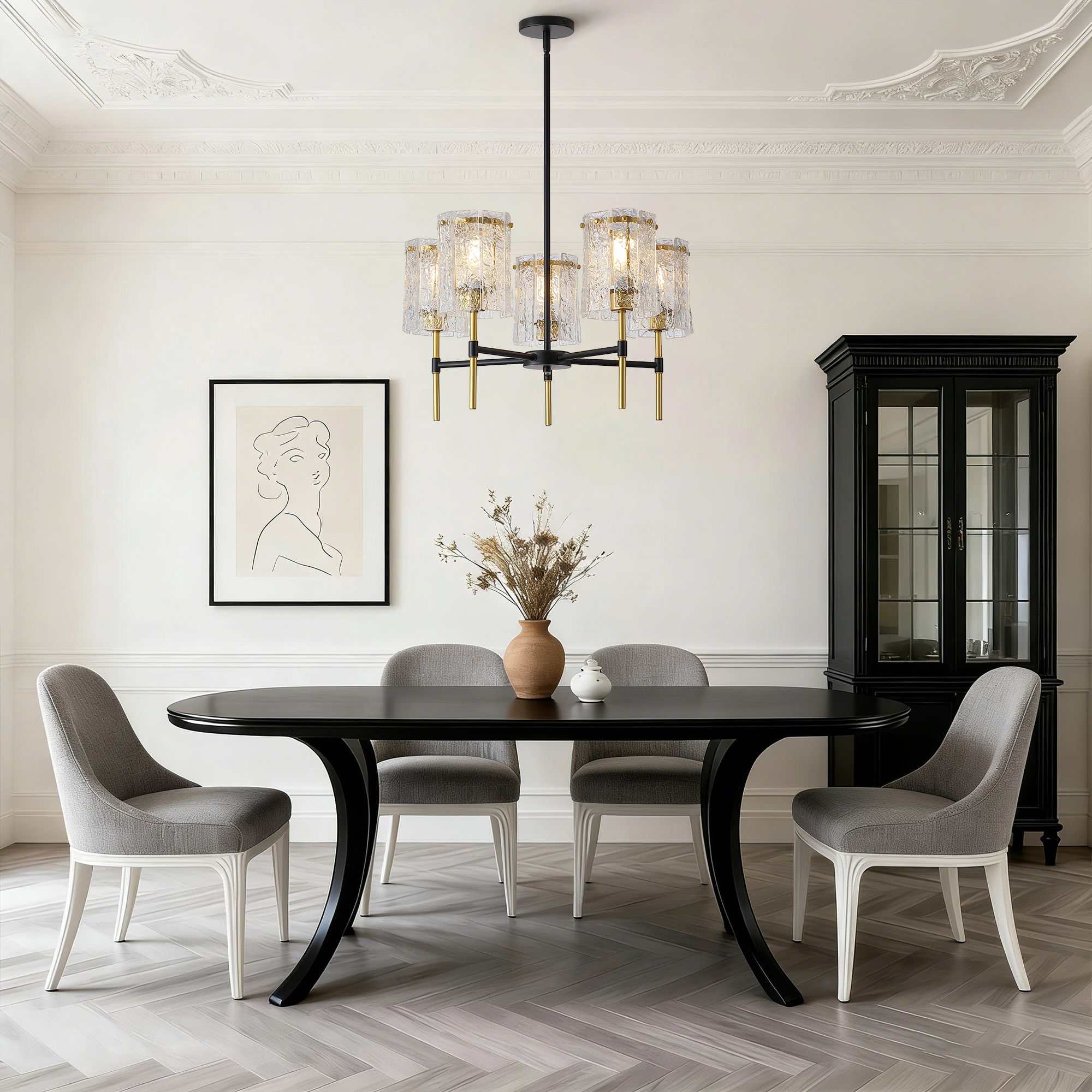 Black and gold 5 light chandelier with textured water-ripple glass pendant shades for living room