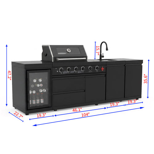 104" 4-Burner 72,000 BTU Black Outdoor Kitchen Bar Barbecue Island Grill + Wine Cooler + Sink