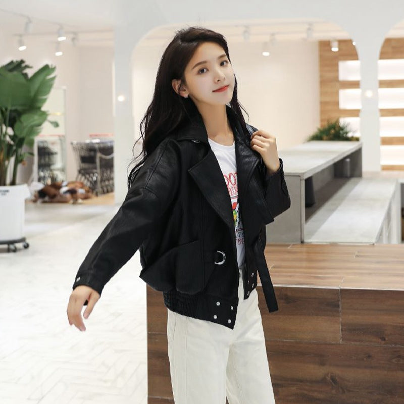 Leather Clothing All-match Beige Loose Motorcycle Jacket
