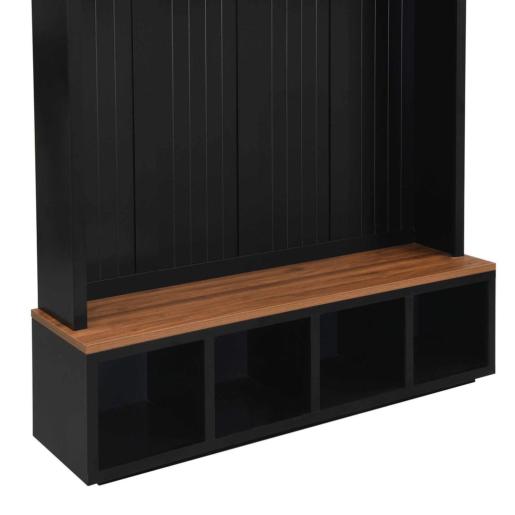 Modern entryway hall tree with wood-grain bench, storage cabinets, hooks, and shoe shelves in black and white options