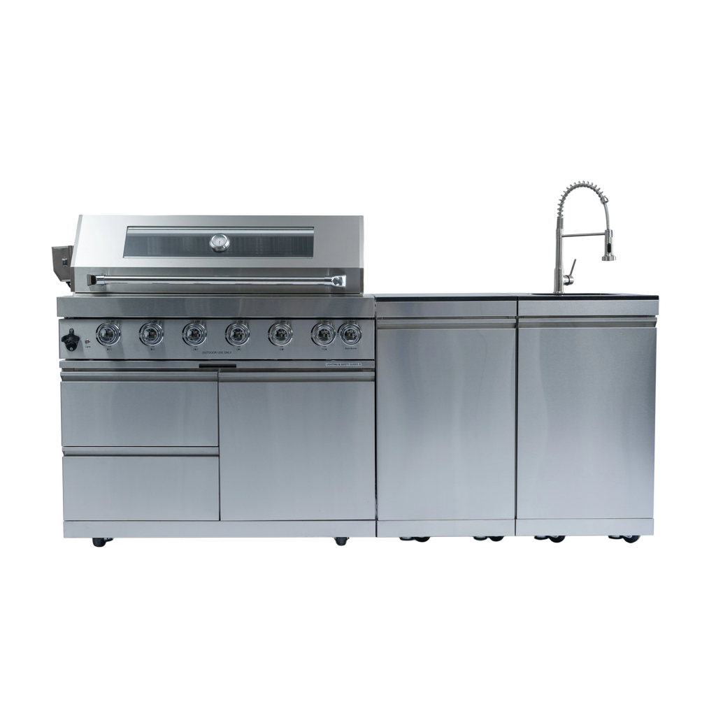 82" 6-Burner 85000 BTU Silver Outdoor Kitchen Island Grill + Storage Cabinets & Drawers & Sink/Faucet
