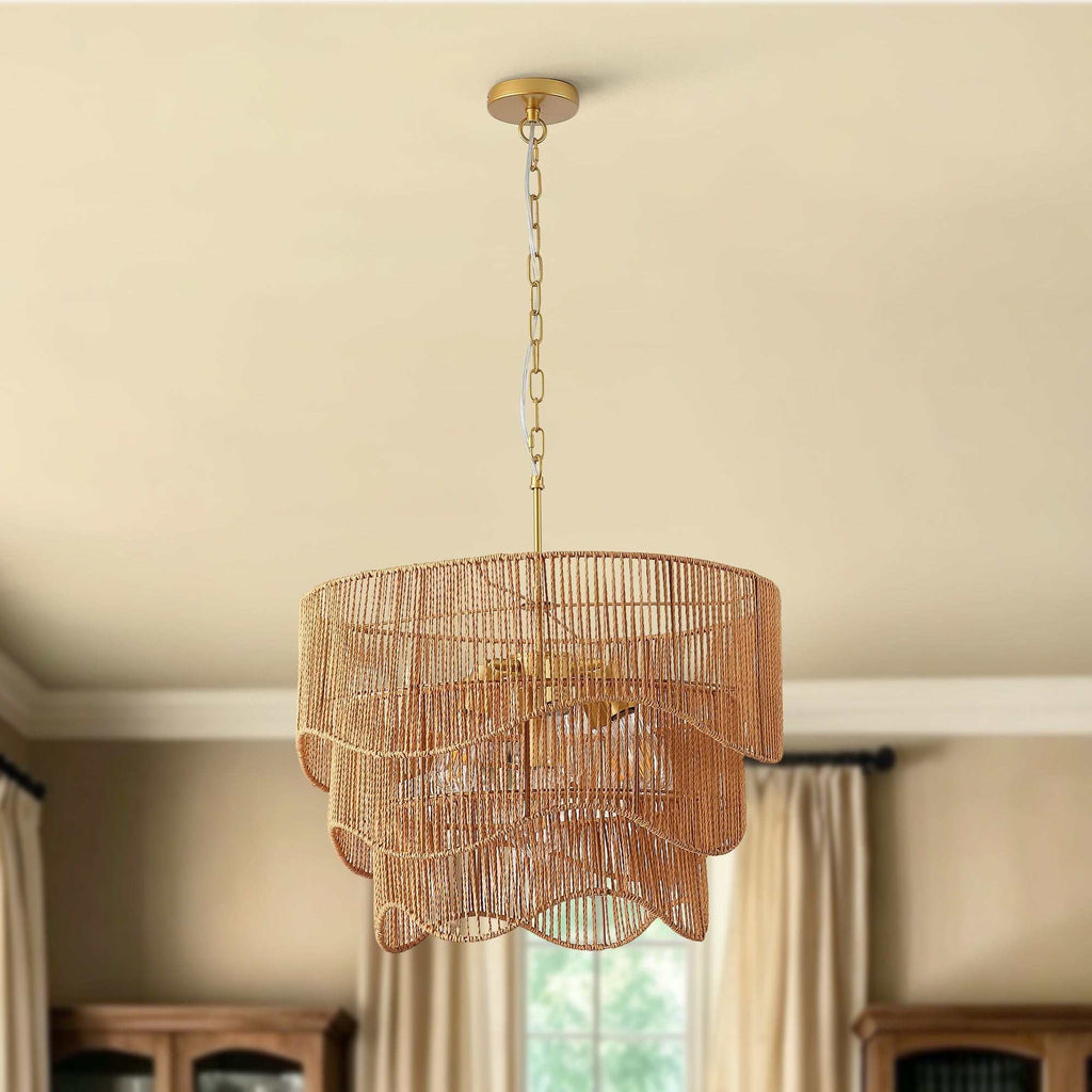 Gold boho chandelier with 7 light E26 base, adjustable height wave pendant for living room