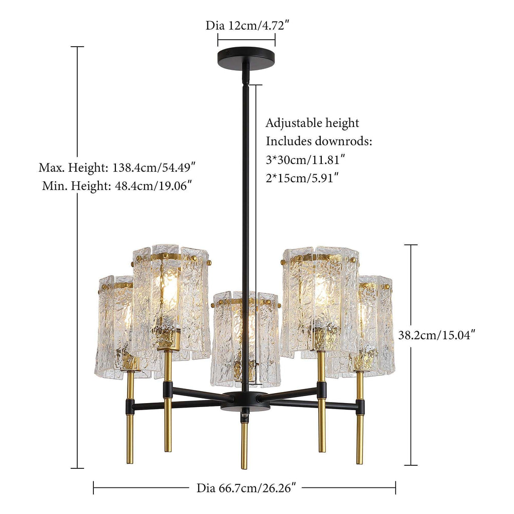 Black and gold 5 light chandelier with textured glass pendants for living room lighting