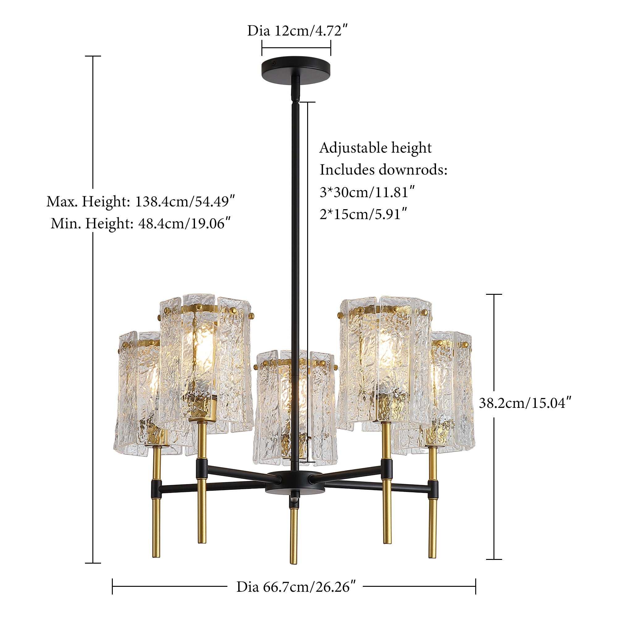 Black and gold 5 light chandelier with textured glass pendants for living room lighting