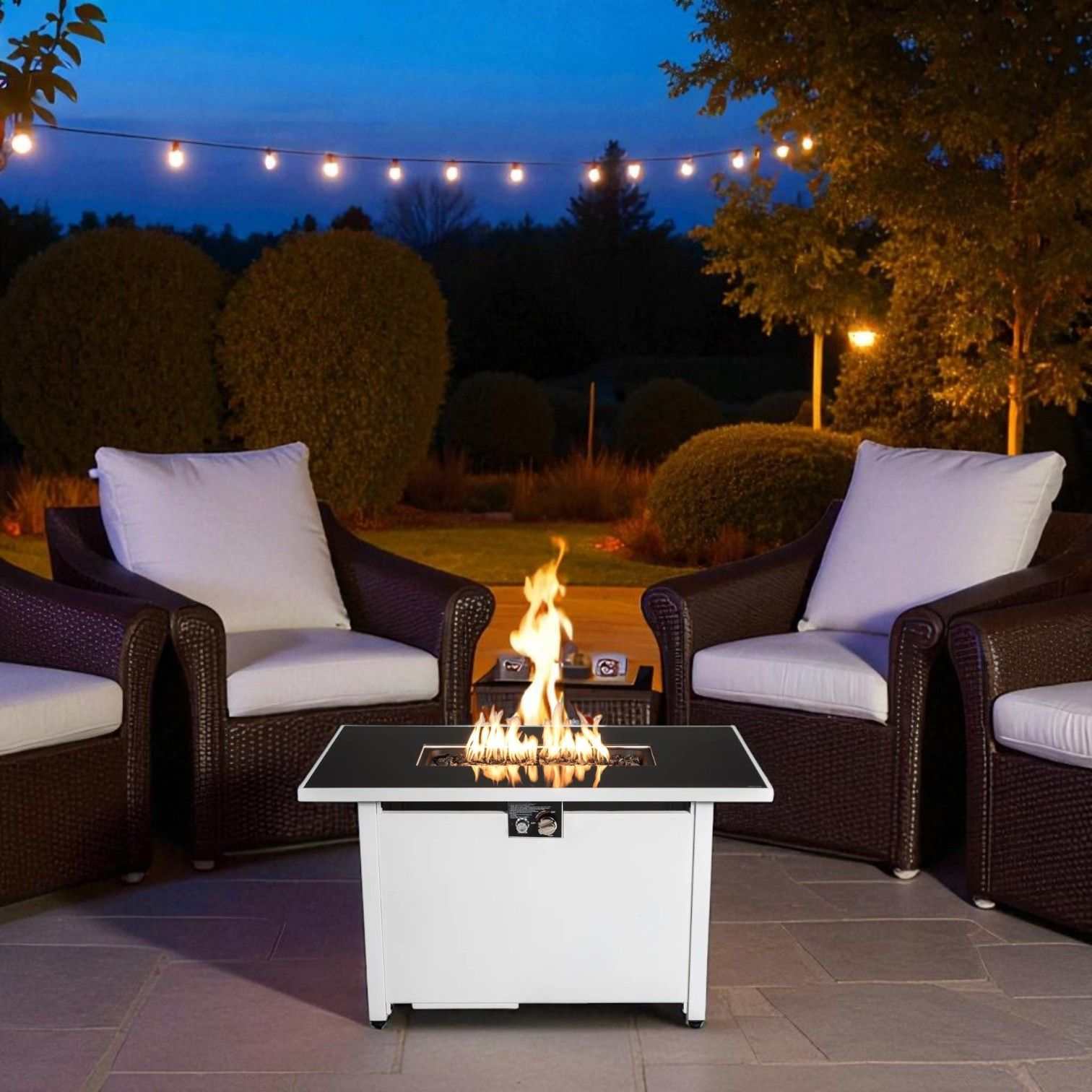 Outdoor 43" rectangular fire pit table in white with adjustable flame control and hidden propane tank storage