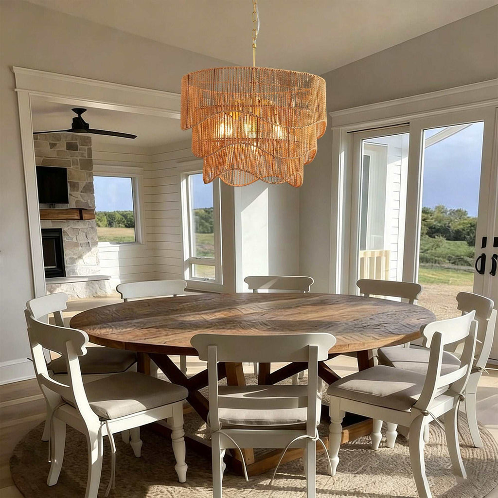 Gold boho chandelier with 7-light E26 bases and adjustable height, handcrafted paper rattan pendant for living room lighting