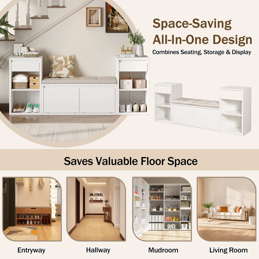 Entryway storage bench with cushion, drawers, and open shelves in multiple colors for organized seating and storage