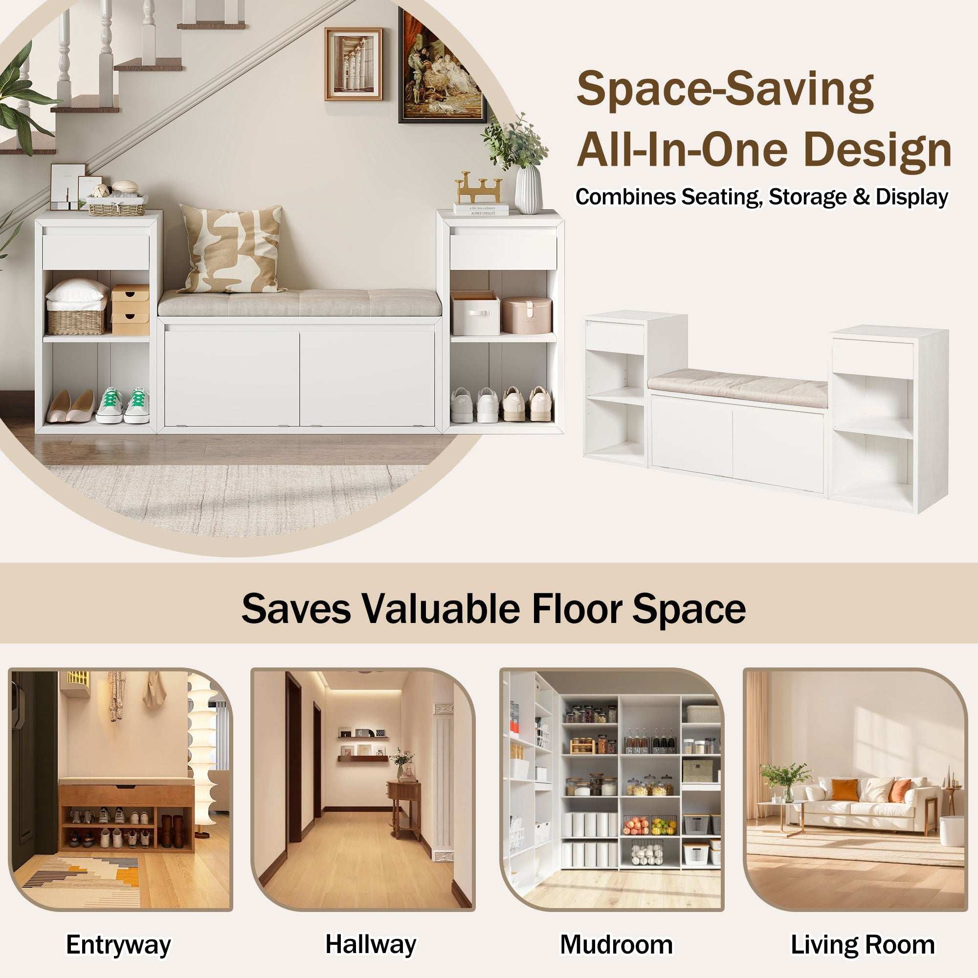Entryway storage bench with cushion, drawers, and open shelves in multiple colors for organized seating and storage