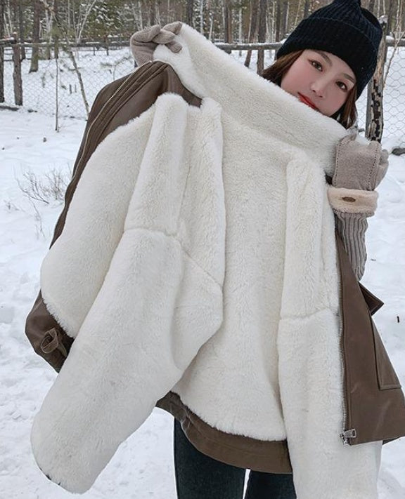 Light Brown Lapel Small Rabbit Fur Thick Loose Short Leather Jacket