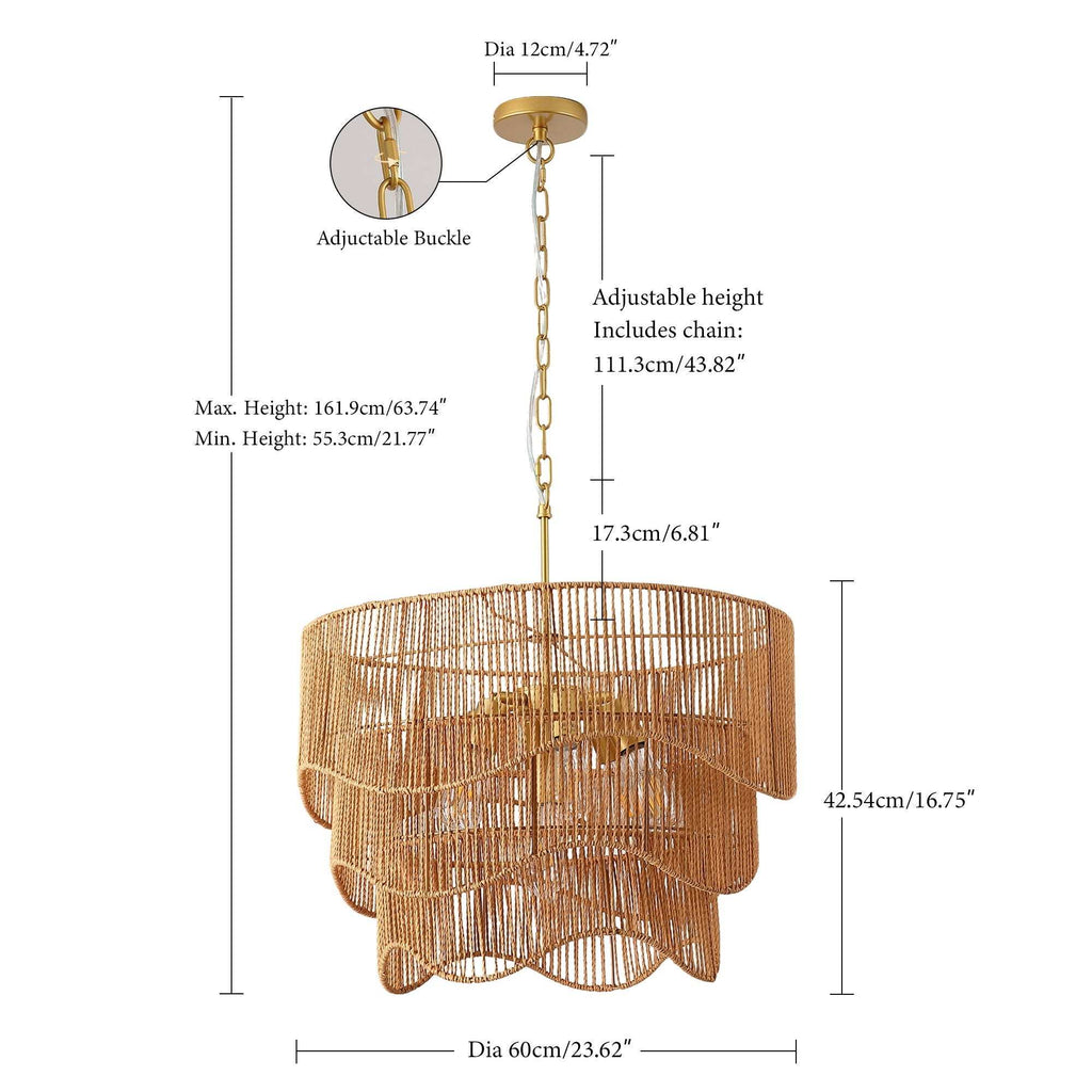 Gold boho chandelier with 7 E26 lights handwoven rattan adjustable height pendant light