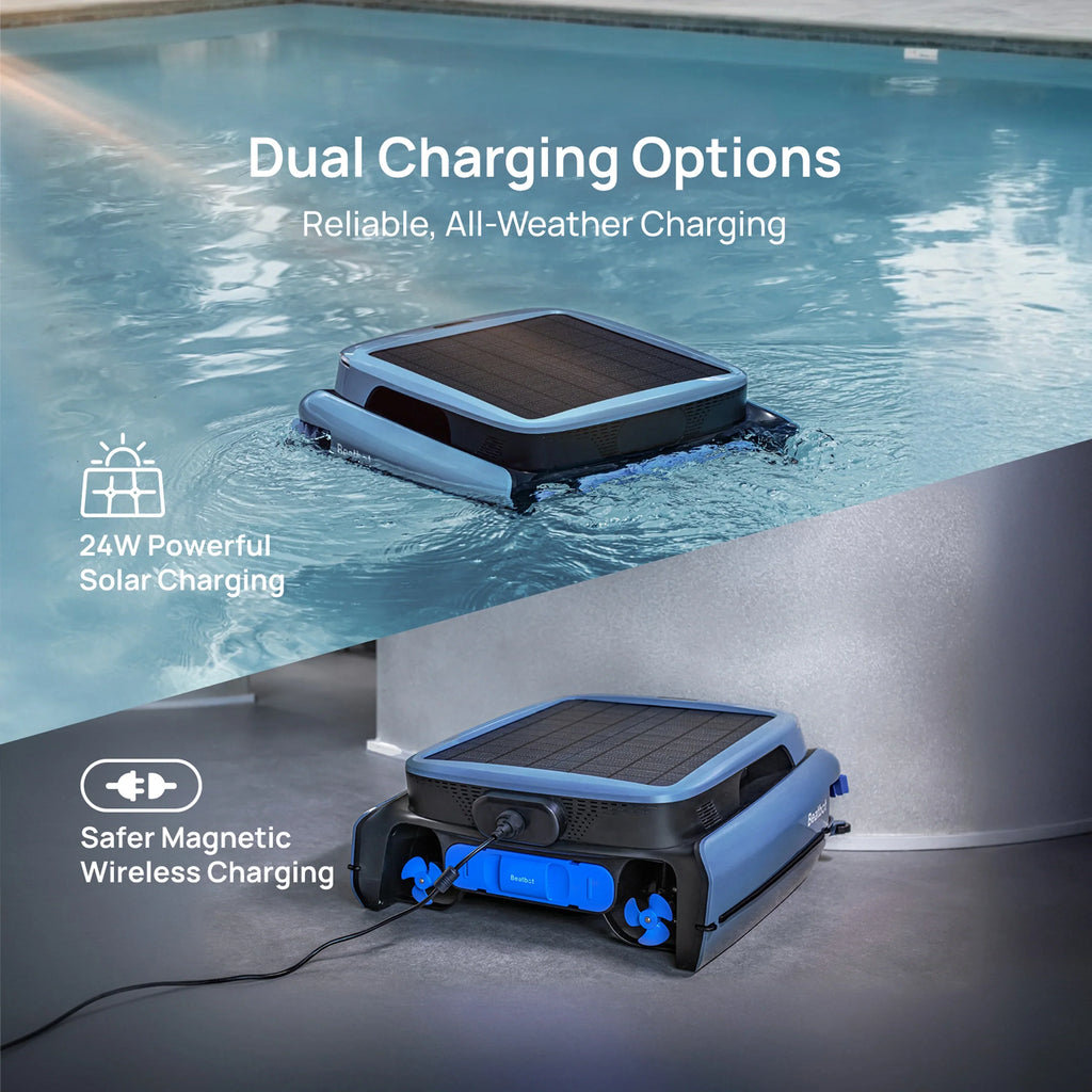 Beatbot iSkim Ultra robotic pool skimmer cleaning floor, walls, waterline, and surface with AI mapping and 9-motor system