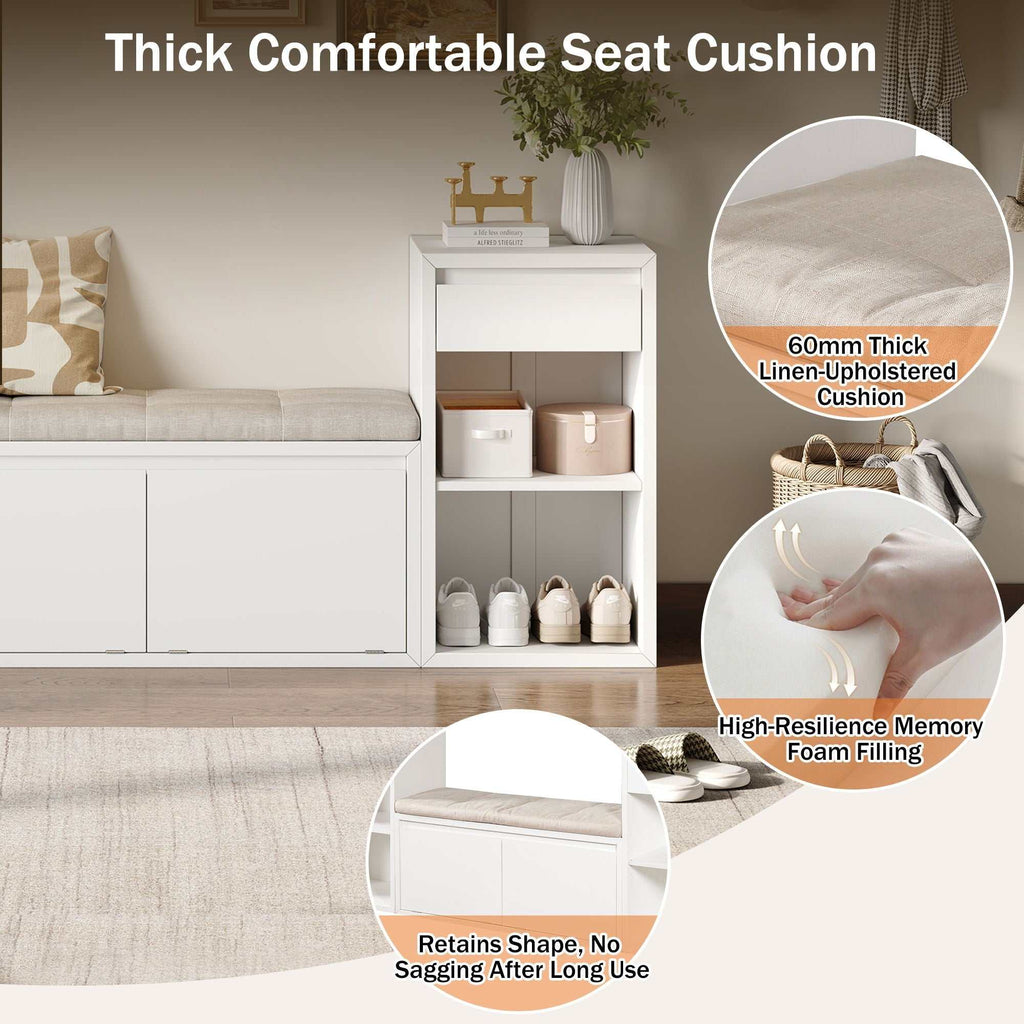 Entryway storage bench with cushion, drawers, and open shelves in multiple finishes