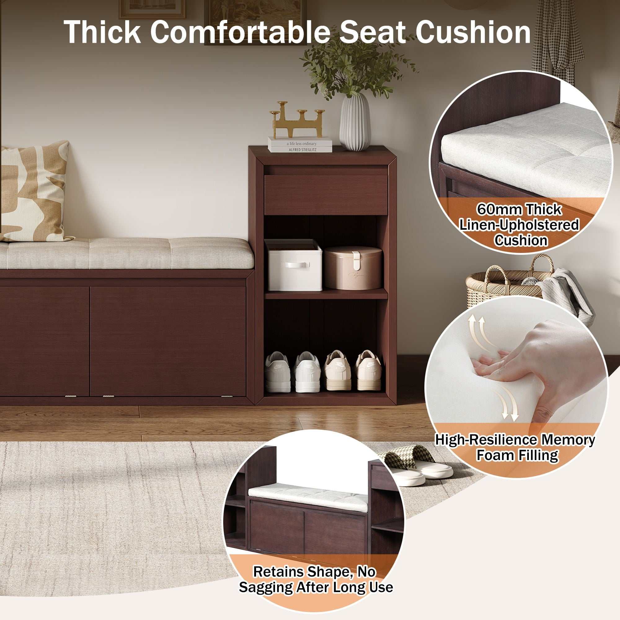 Entryway storage bench with cushion, drawers, and open shelves in brown, white, antique navy, and espresso finishes.