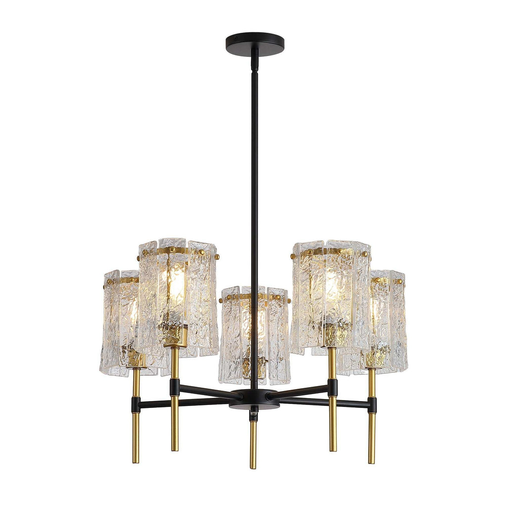 5 light chandelier with black iron frame and gold accents featuring textured water-ripple glass shades for living room lighting