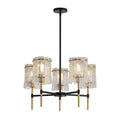 5 light chandelier with black iron frame and gold accents featuring textured water-ripple glass shades for living room lighting