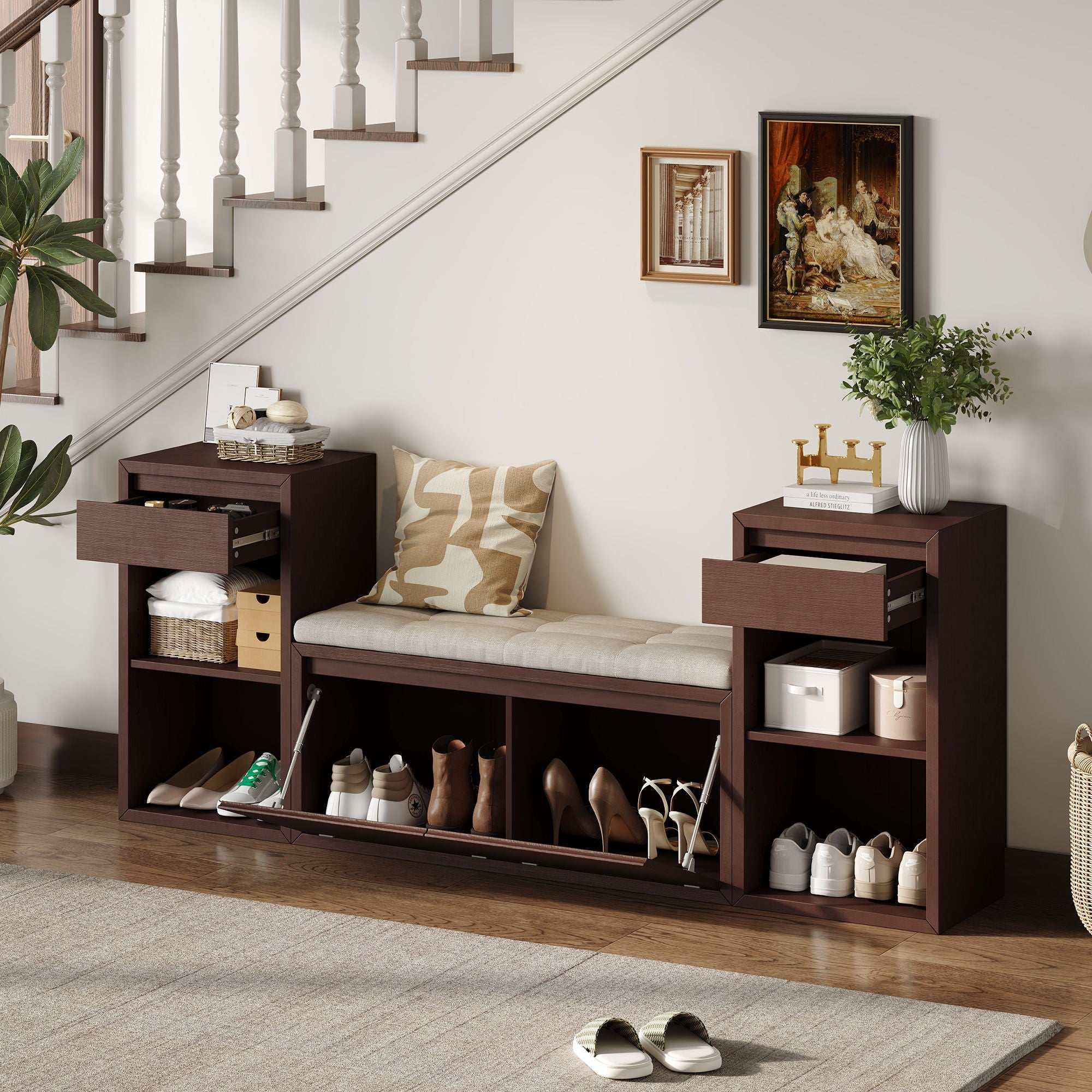 Brown entryway storage bench with cushion, drawers, and open shelves for organized seating and storage