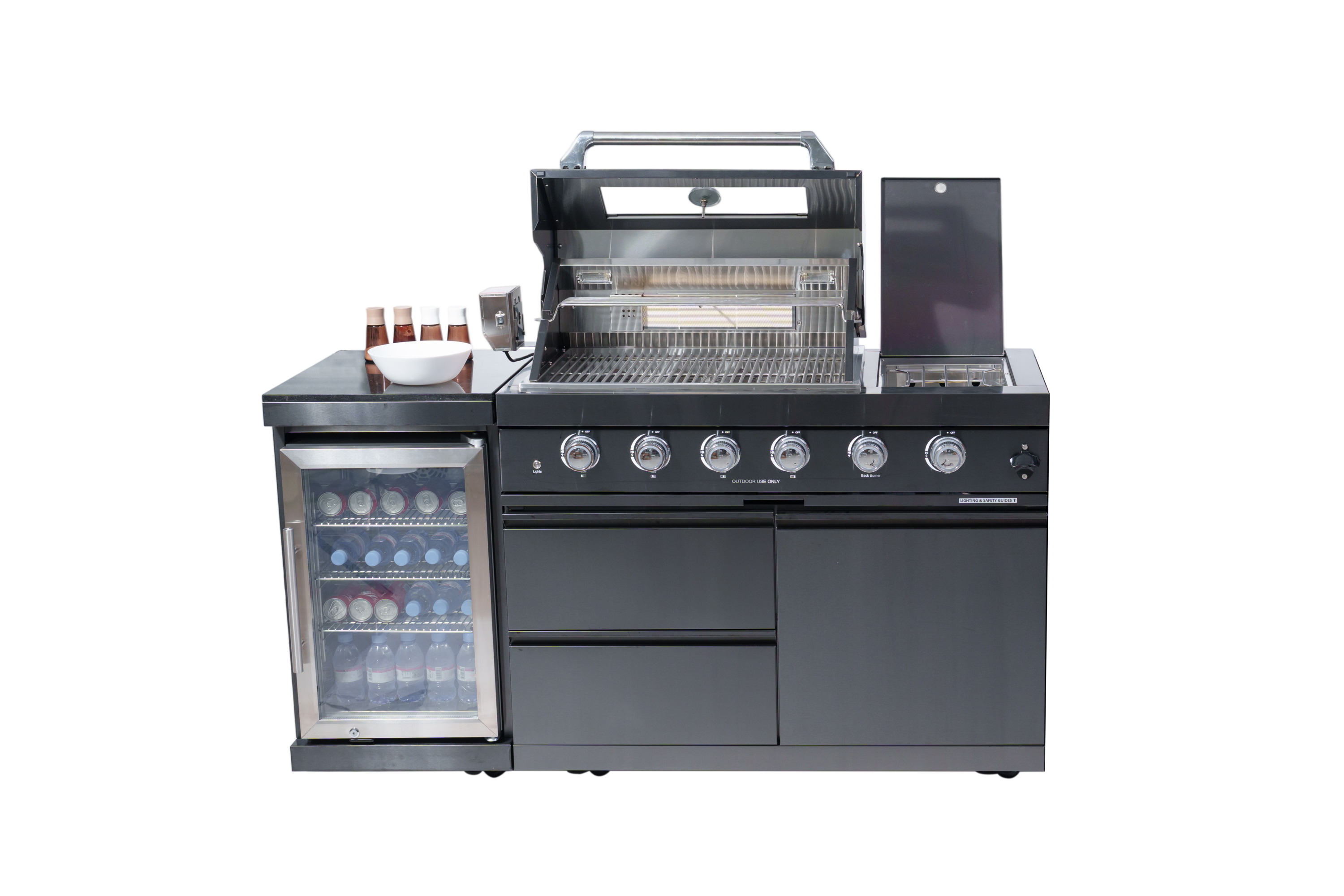 65" 4-Burner 72,000 BTU Black Outdoor Kitchen Island Grill + Wine Cooler + Rotisserie Kit