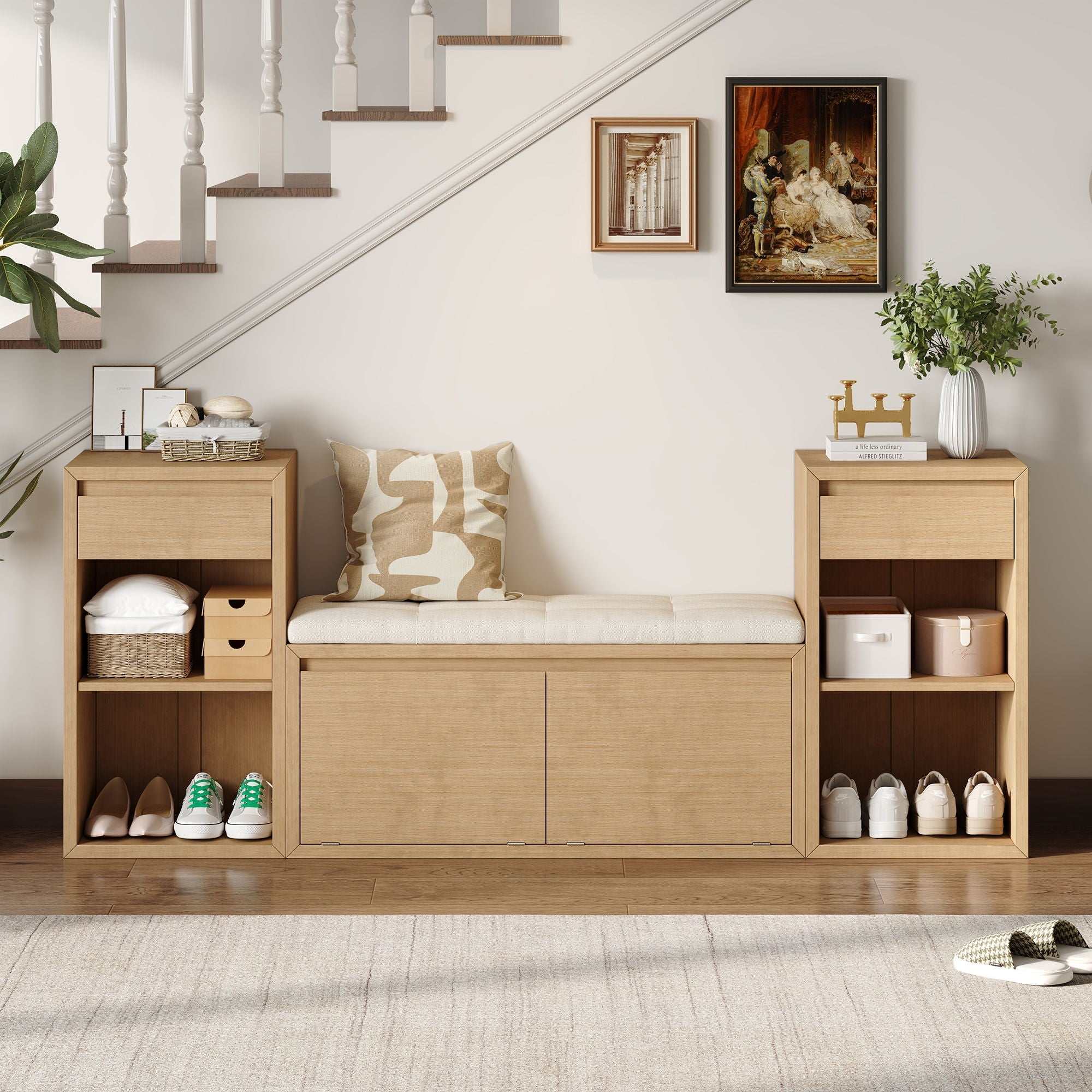 Entryway storage bench with cushion, drawers, and open shelves in multiple colors for organized entryway storage and seating