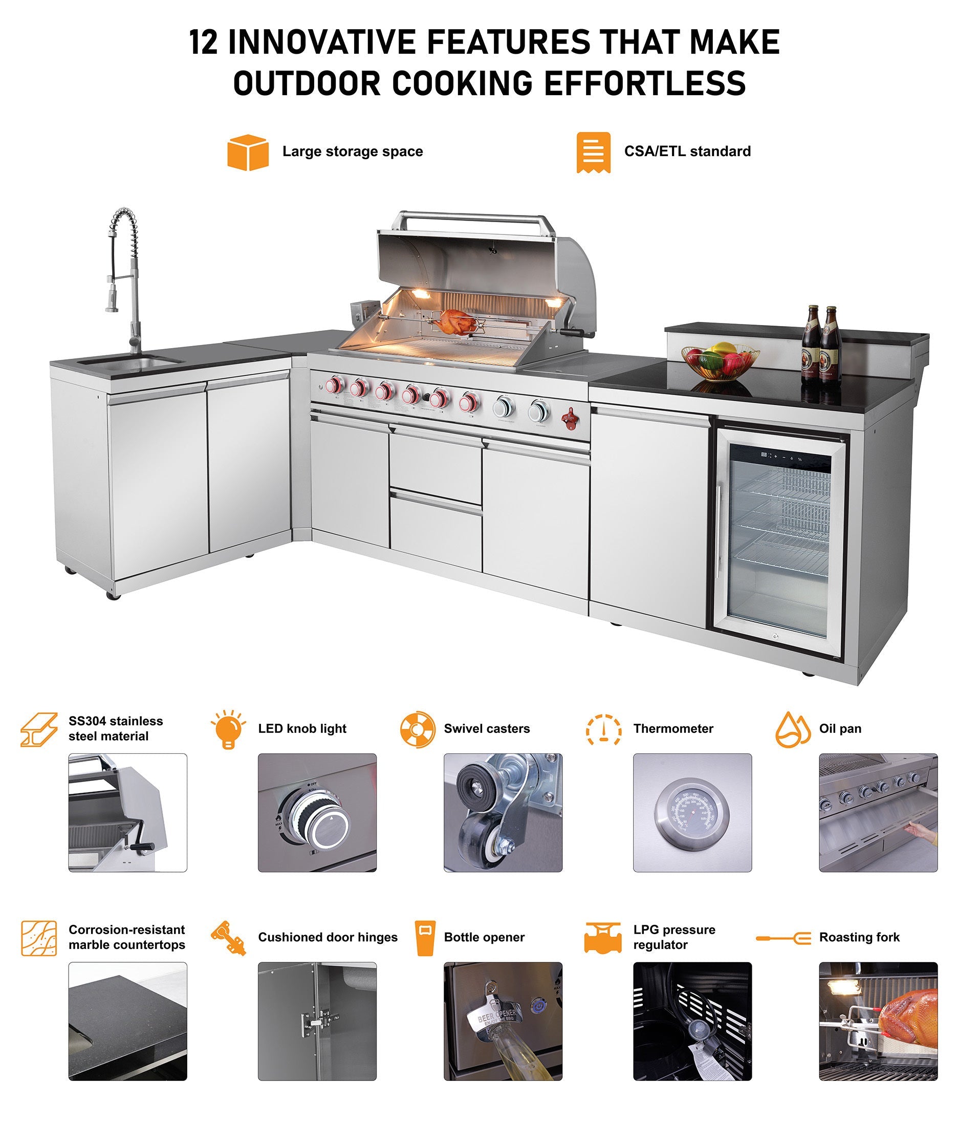 82.5" 6-Burner 83,500 BTU Silver Outdoor Kitchen Island Grill +Sink + Refrigerator