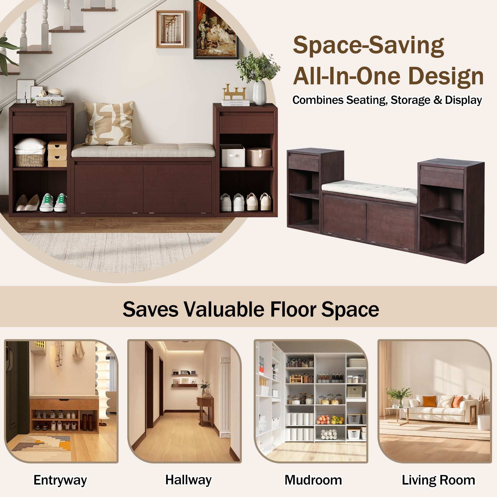 Brown entryway storage bench with cushion, drawers, and open shelves for organized seating and storage