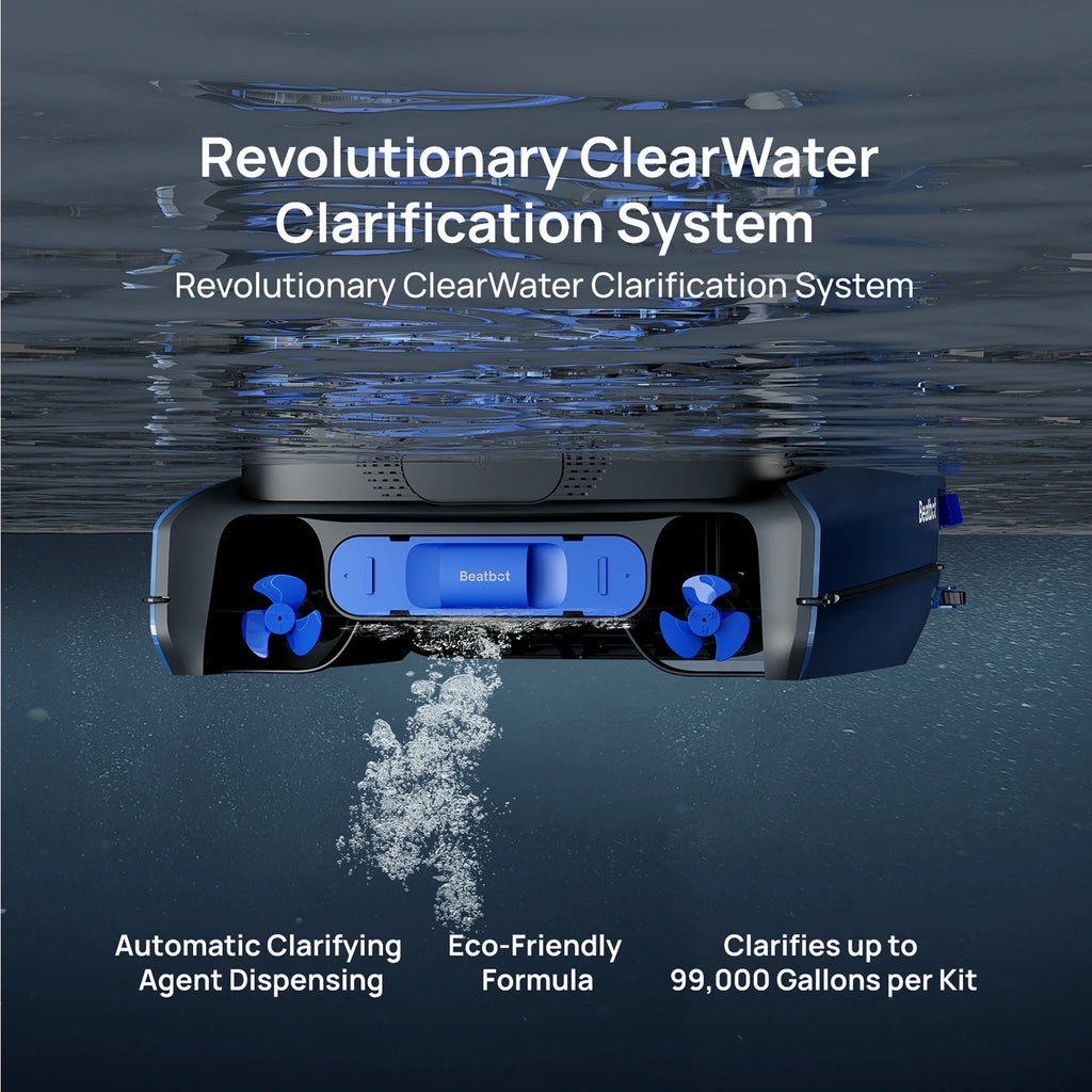 Beatbot iSkim Ultra robotic pool skimmer cleaning floor, walls, waterline, and surface with AI mapping and 9-motor system.