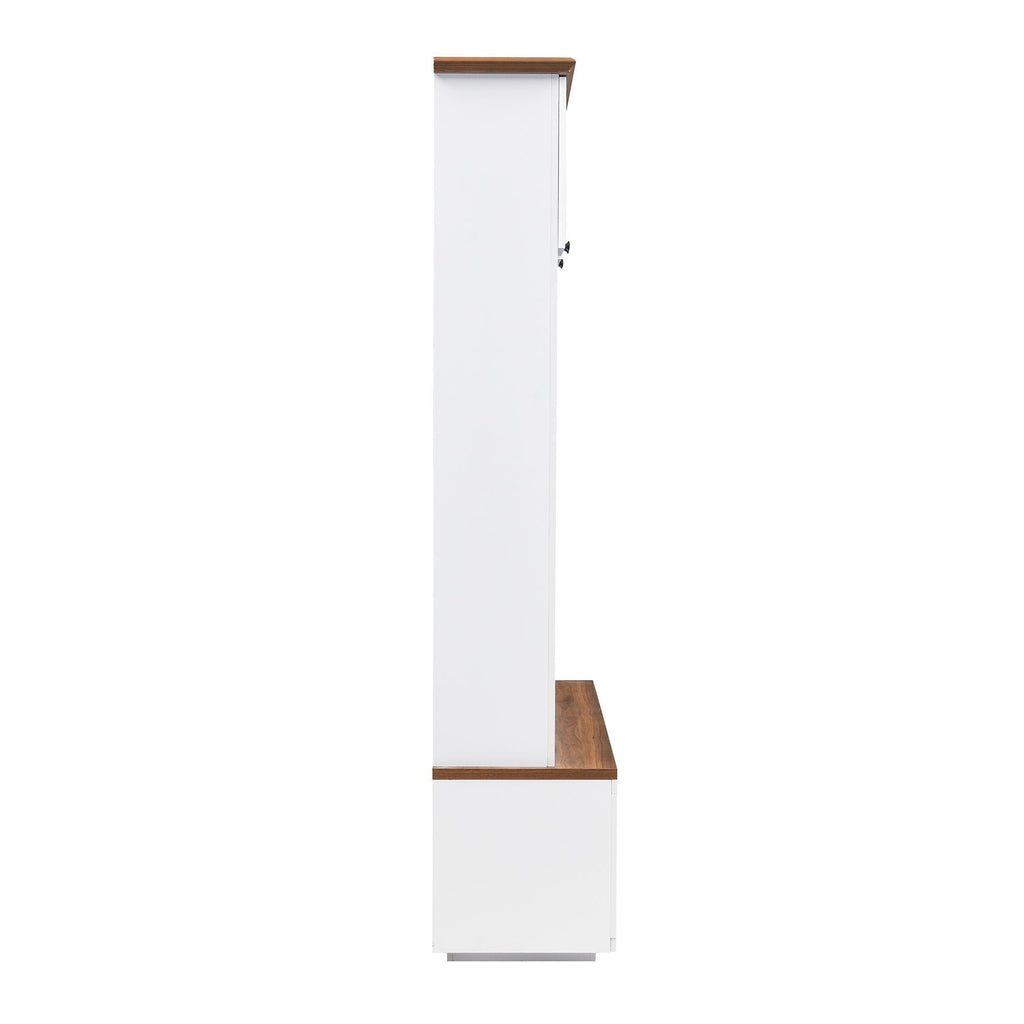 Entryway hall tree with wood-grain bench, storage cabinets, hooks, and shoe shelves in black and white finishes