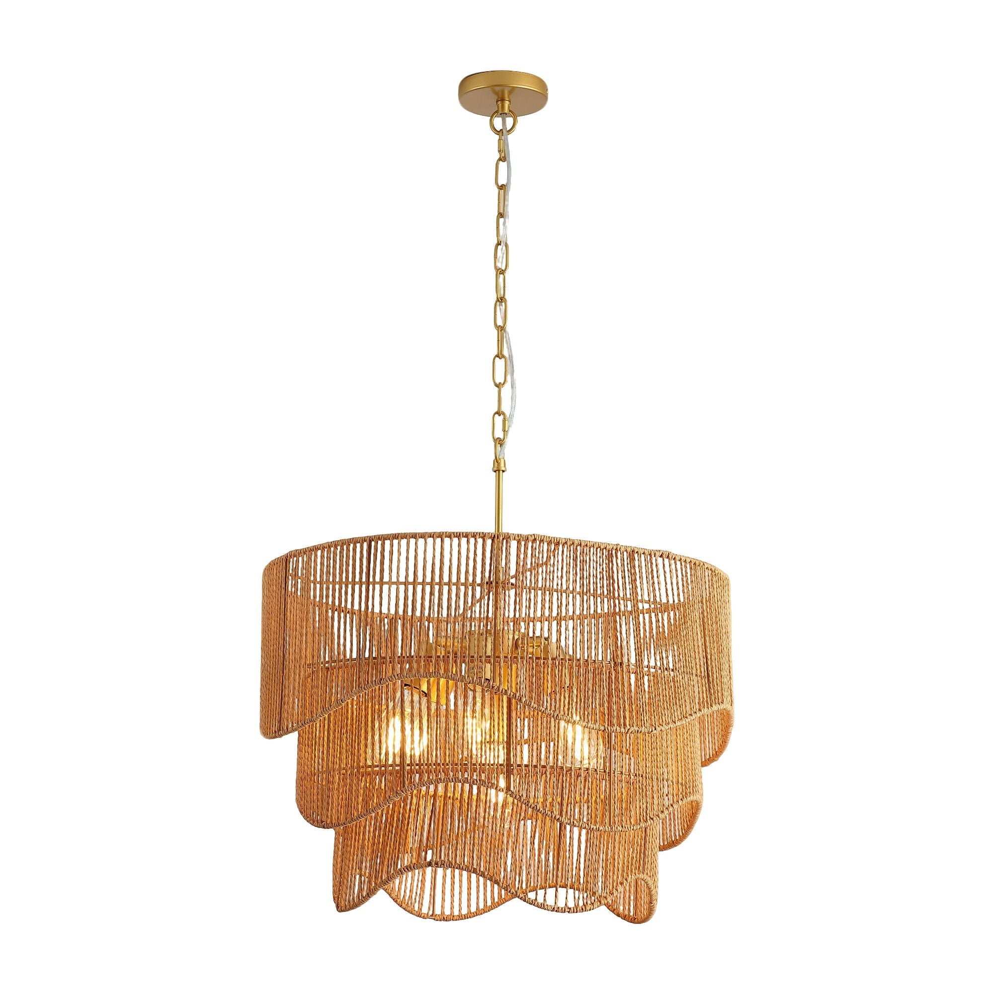 Gold chandelier with 7 light E26 bases and adjustable height wave pendant design in living room