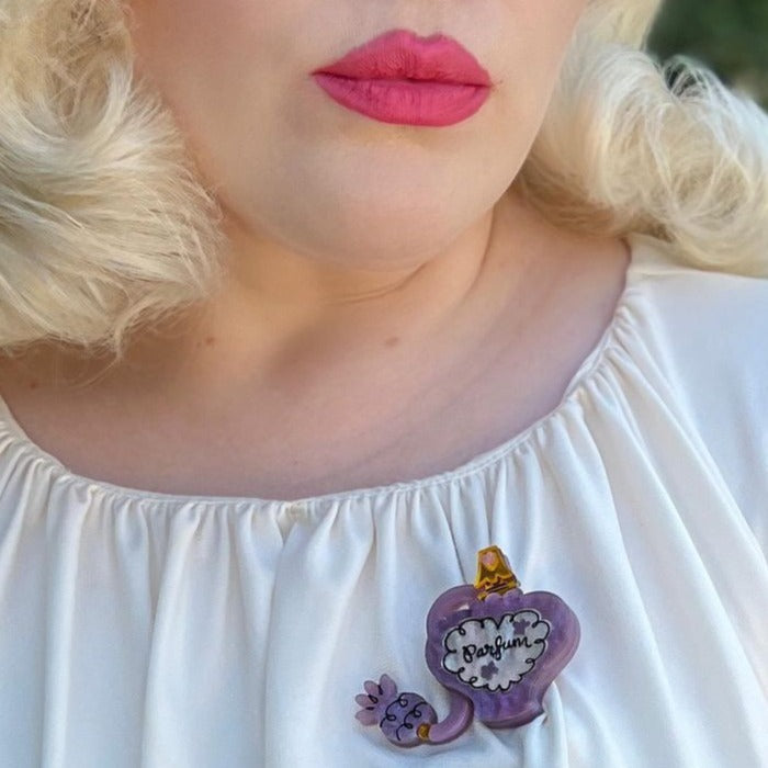 Glamour in a Bottle Peach Brooch by Asia Ellington x Lipstick & Chrome — Perfume Bottle Pin
