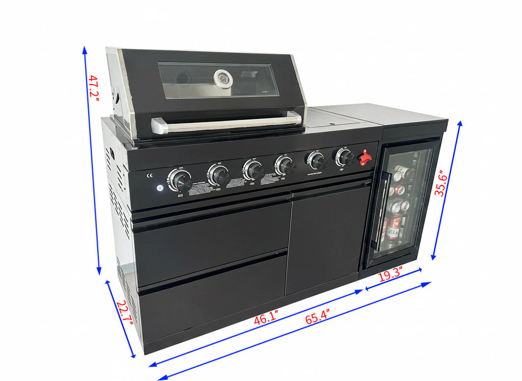 65" 4-Burner 72,000 BTU Black Outdoor Kitchen Island Grill Marble Countertops Wine Cooler