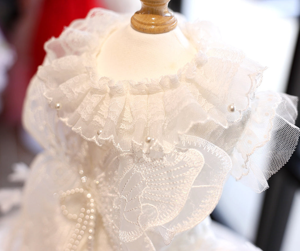 Handmade Luxury White Angel Dog Dress Pearl Butterfly Wedding Pet Dress