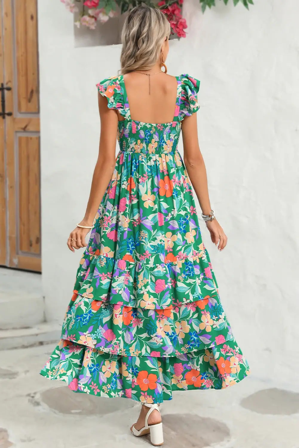 Floral Ruffle Green Tiered Maxi Dress