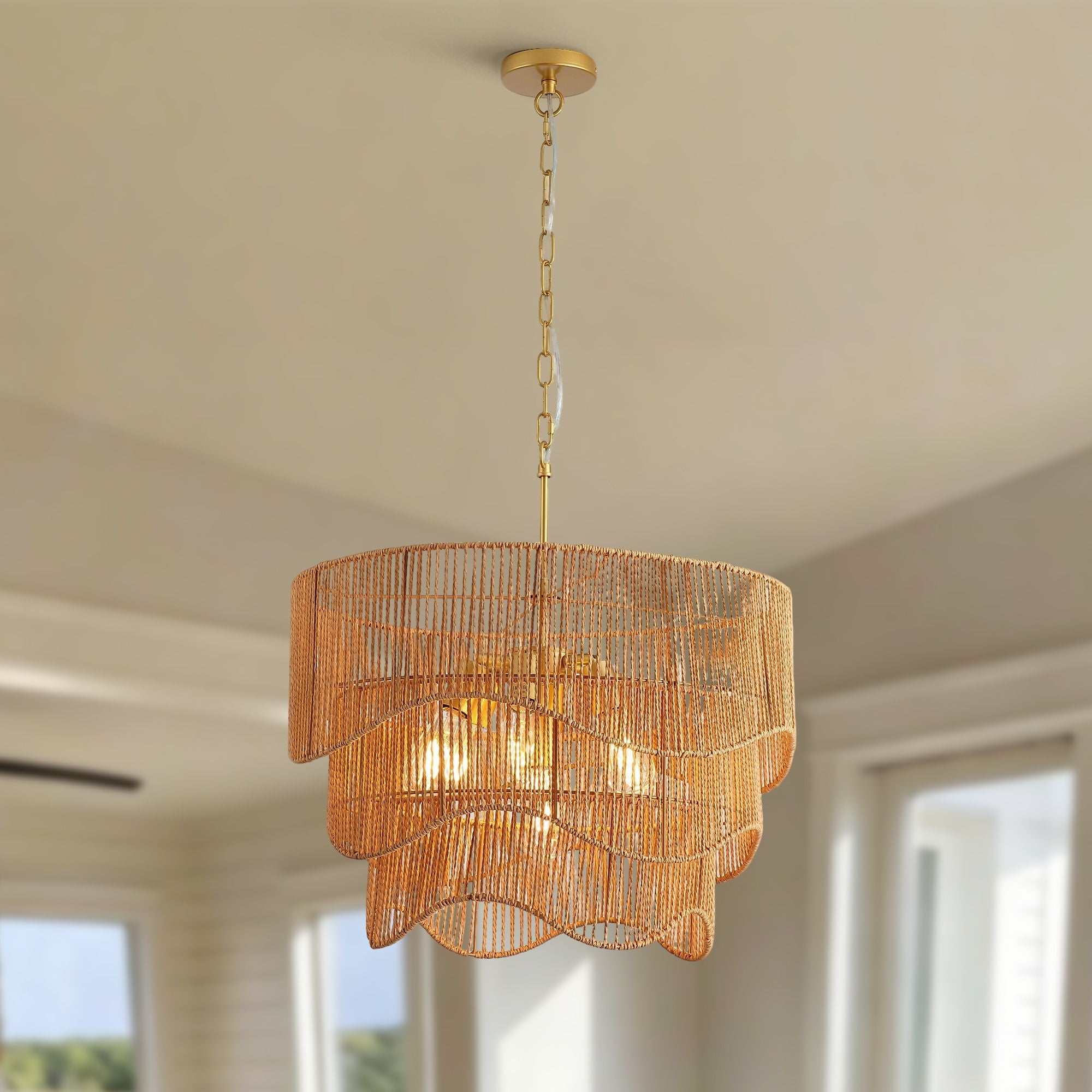 Gold boho chandelier with 7 light E26 base, adjustable height wave pendant for living room