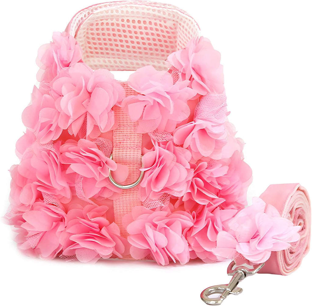 Luxury Floral Dog Harness and Leash Set – 3D Petal Puppy Vest Harness for Small Dogs & Cats