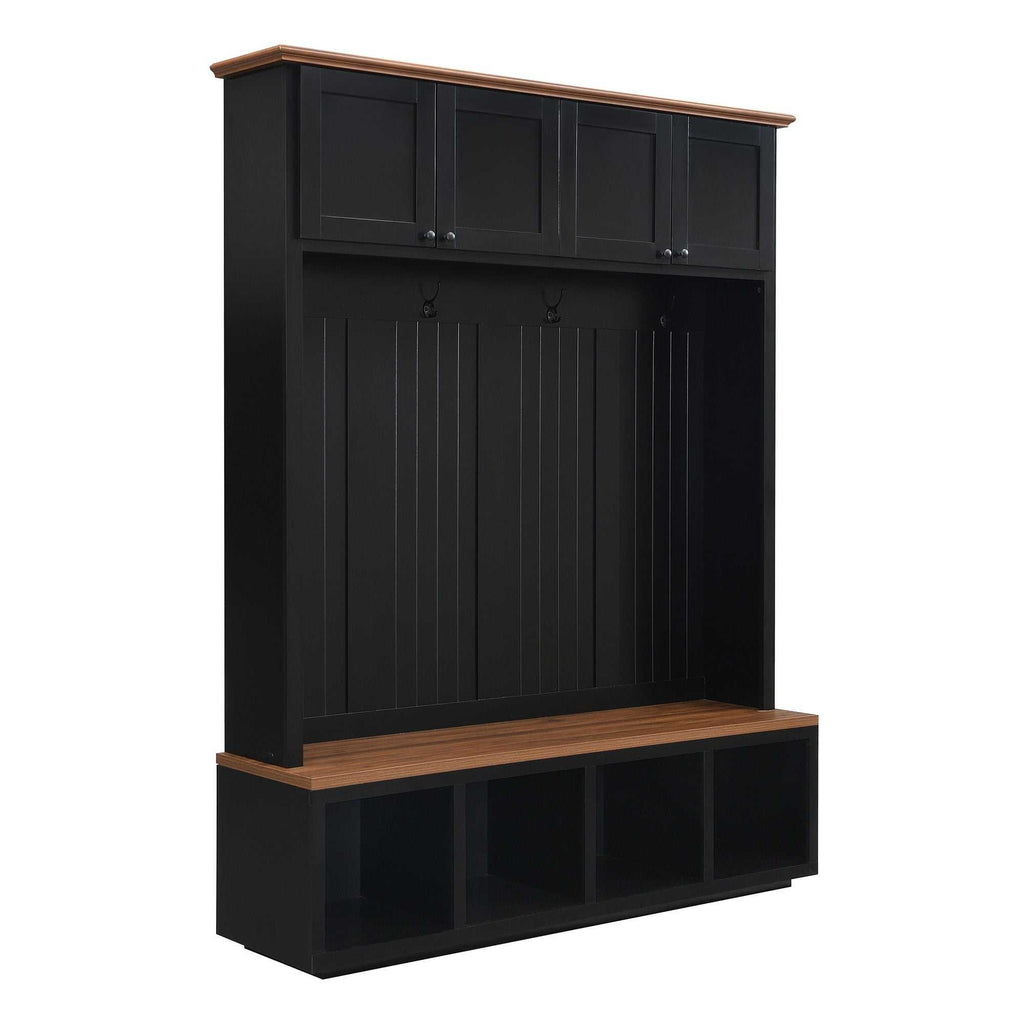 Black entryway hall tree with wood-grain bench, storage cabinets, shelves, and coat hooks