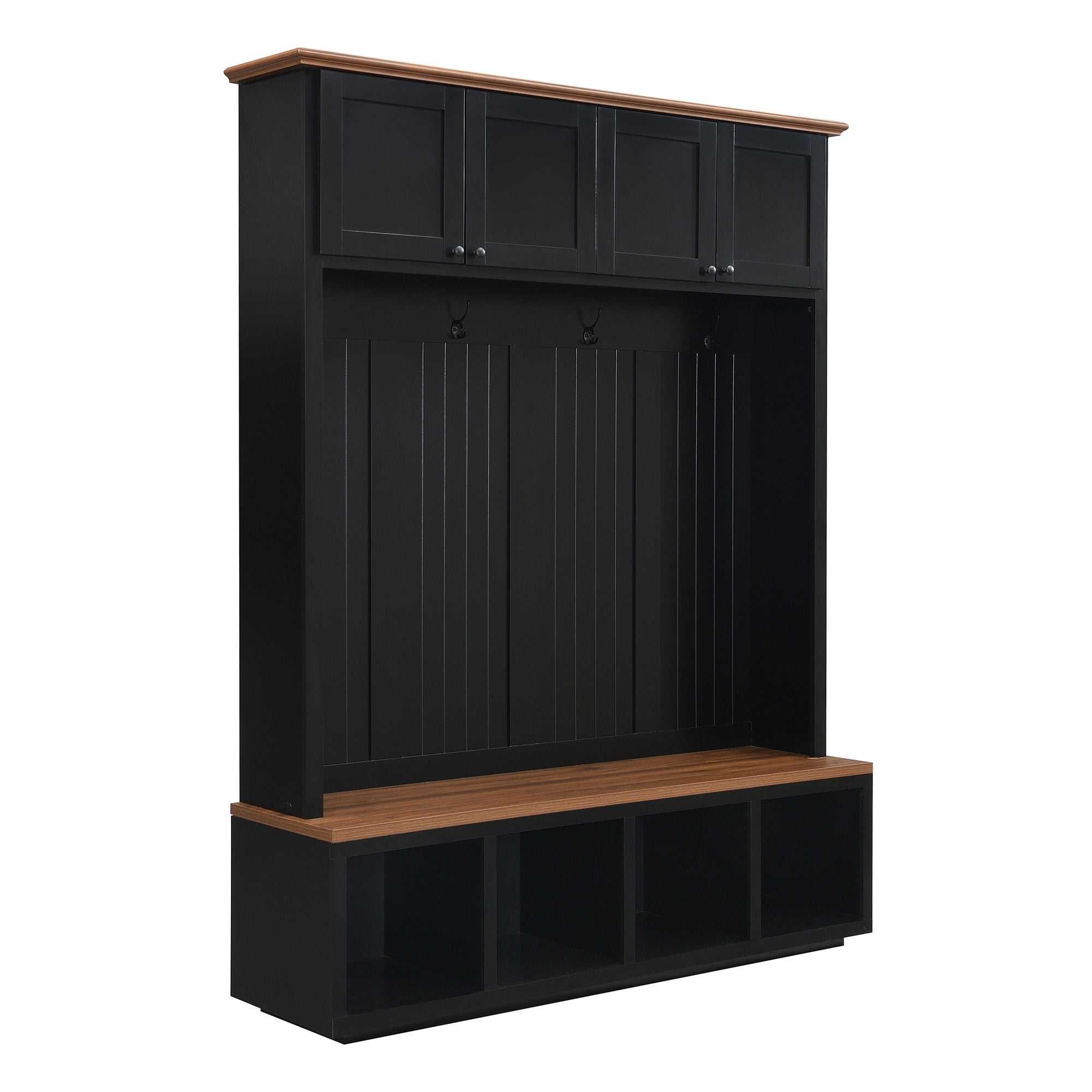 Black entryway hall tree with wood-grain bench, storage cabinets, shelves, and coat hooks