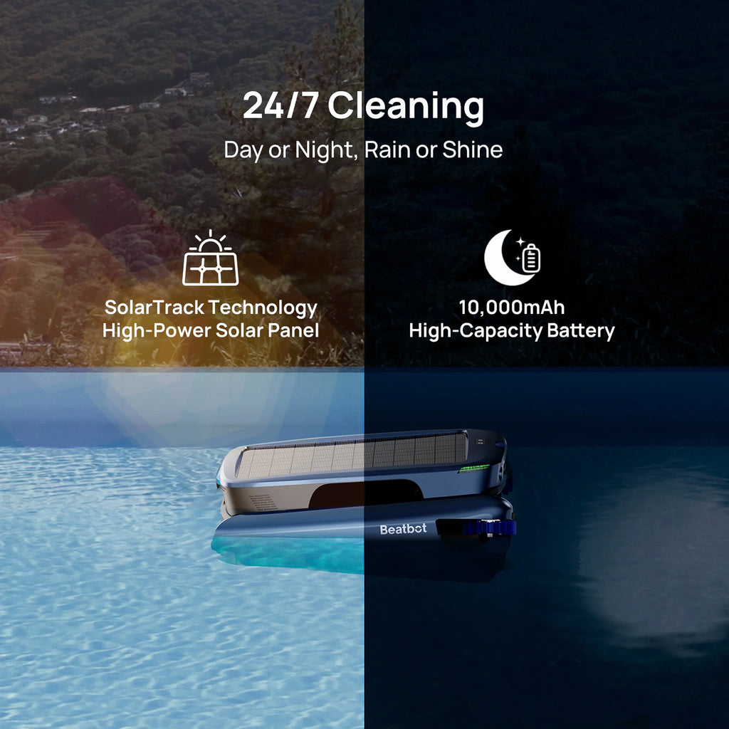 Beatbot iSkim Ultra robotic pool skimmer cleaning floor walls waterline and surface with AI mapping and 9-motor system