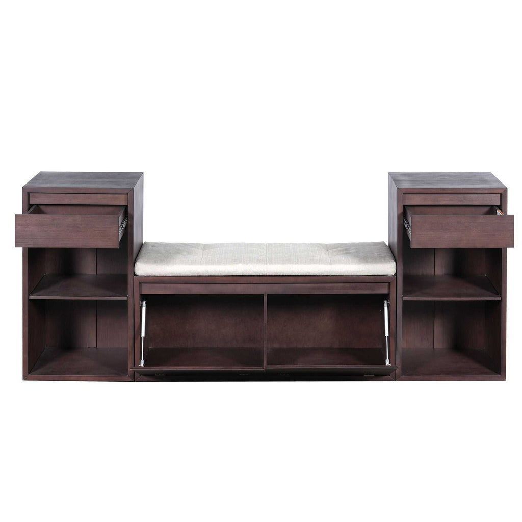 Entryway storage bench with cushion, drawers, and open shelves in multi-color options for organized seating and storage