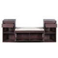 Entryway storage bench with cushion, drawers, and open shelves in multi-color options for organized seating and storage