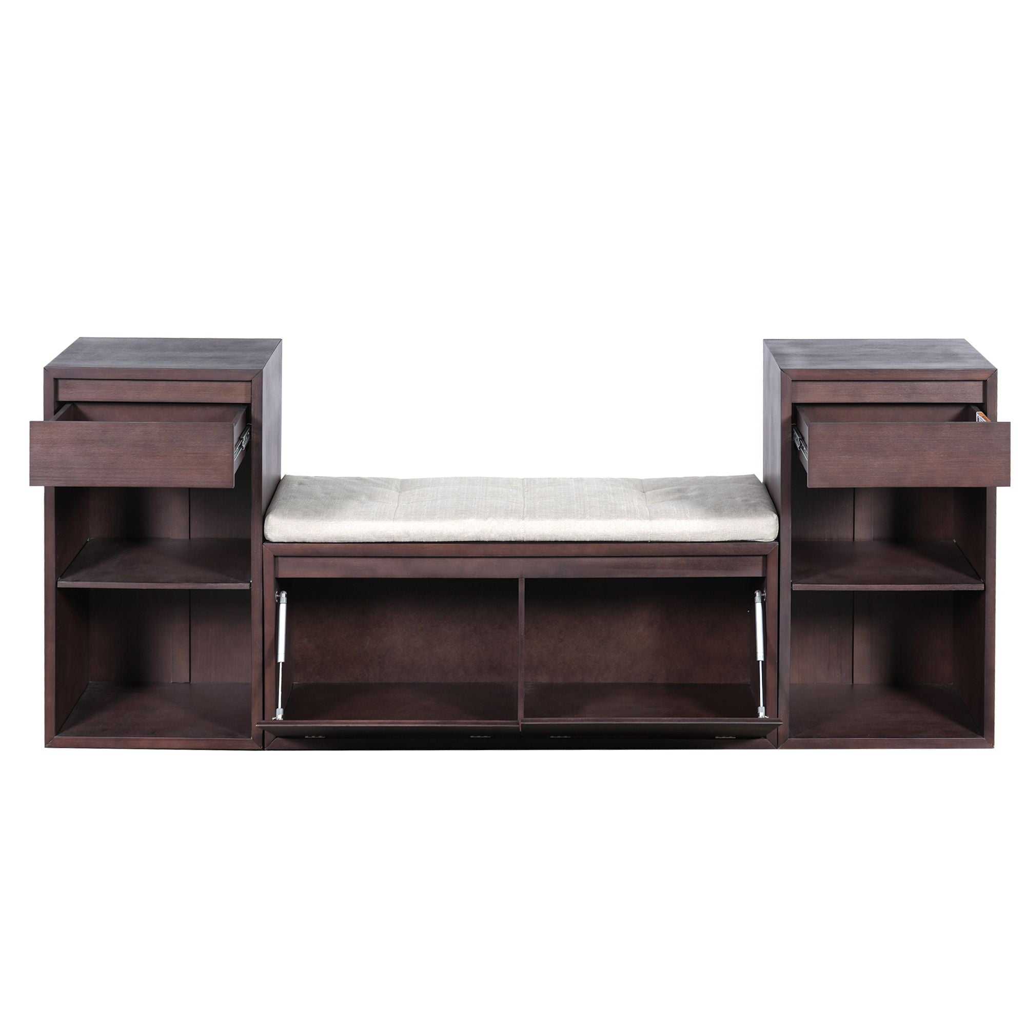 Entryway storage bench with cushion, drawers, and open shelves in multi-color options for organized seating and storage