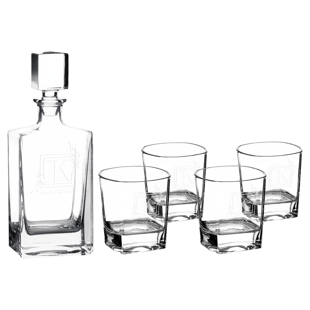 810ml Custom Glass Decanter Gift Set with Four 8oz Glasses – Black Presentation Box with Printed Sleeve