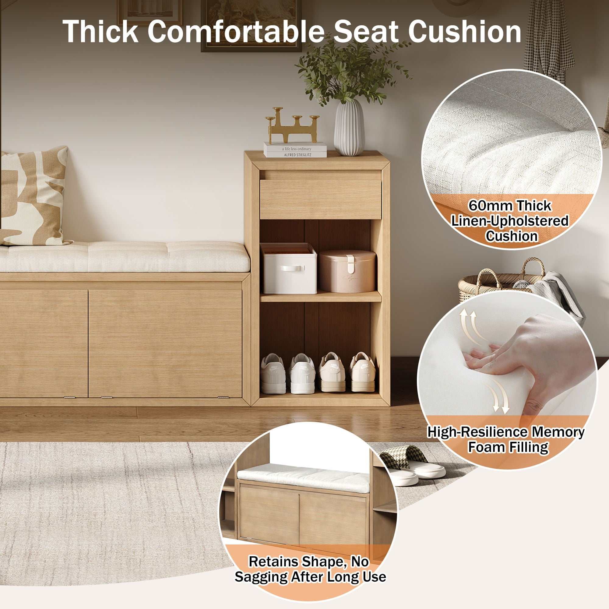 Entryway storage bench with cushion, drawers, and open shelves in multiple colors for organized seating and storage