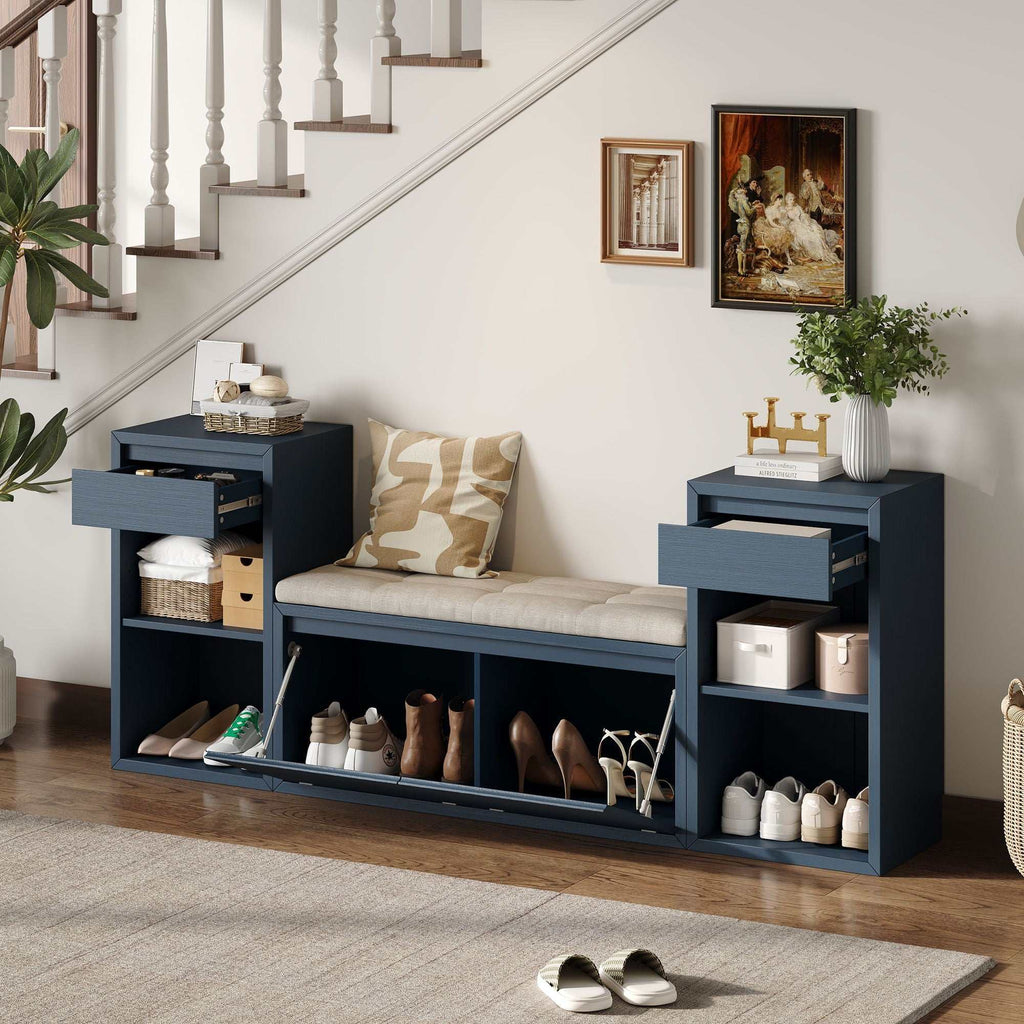 Entryway storage bench with cushion, drawers, and open shelves in multiple colors for organized seating and storage