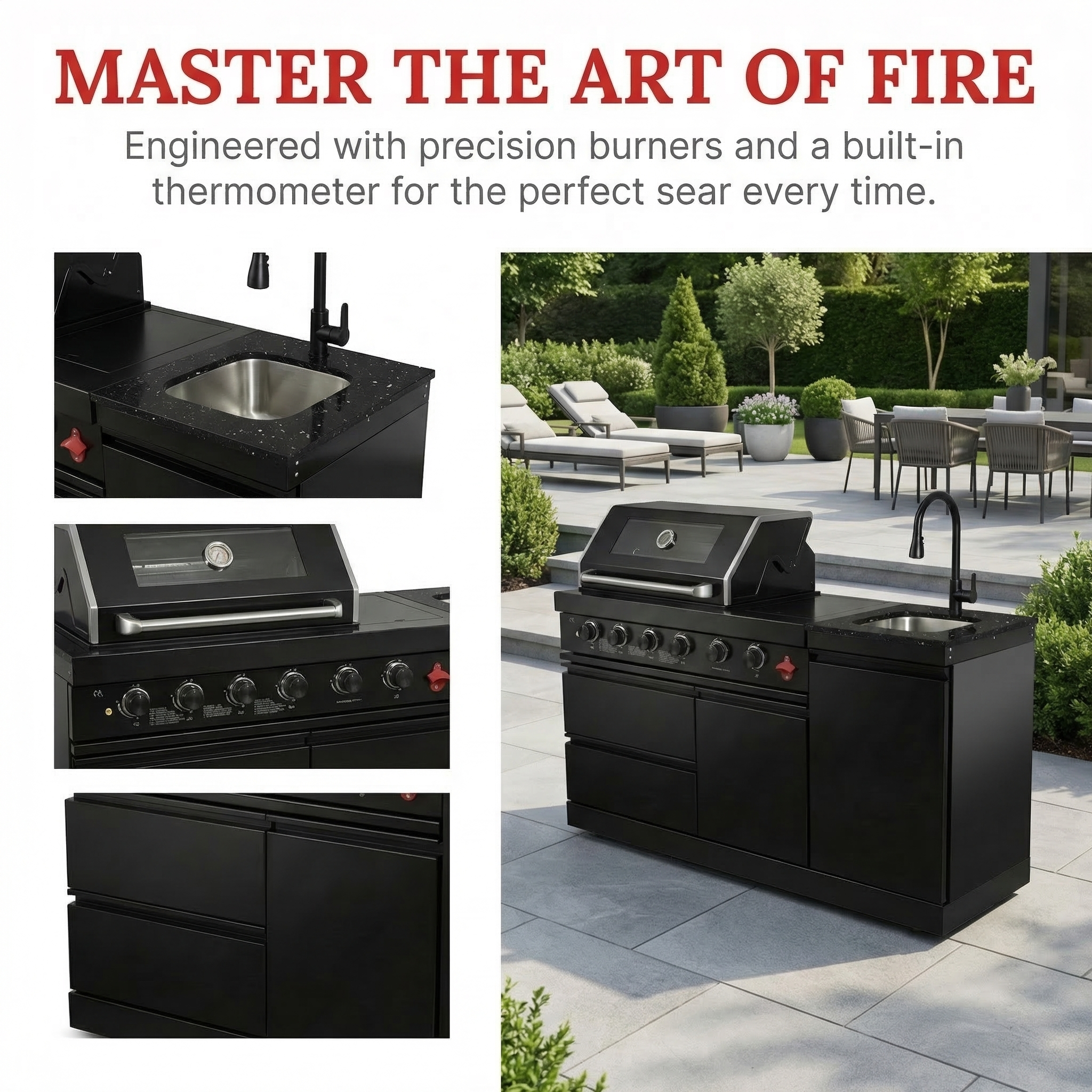 65" 4-Burner 72,000 BTU Black Outdoor Kitchen Island Grill + Round Side Burner