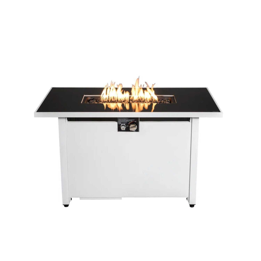 Outdoor 43" rectangular white fire pit table with adjustable flame control and hidden propane tank storage