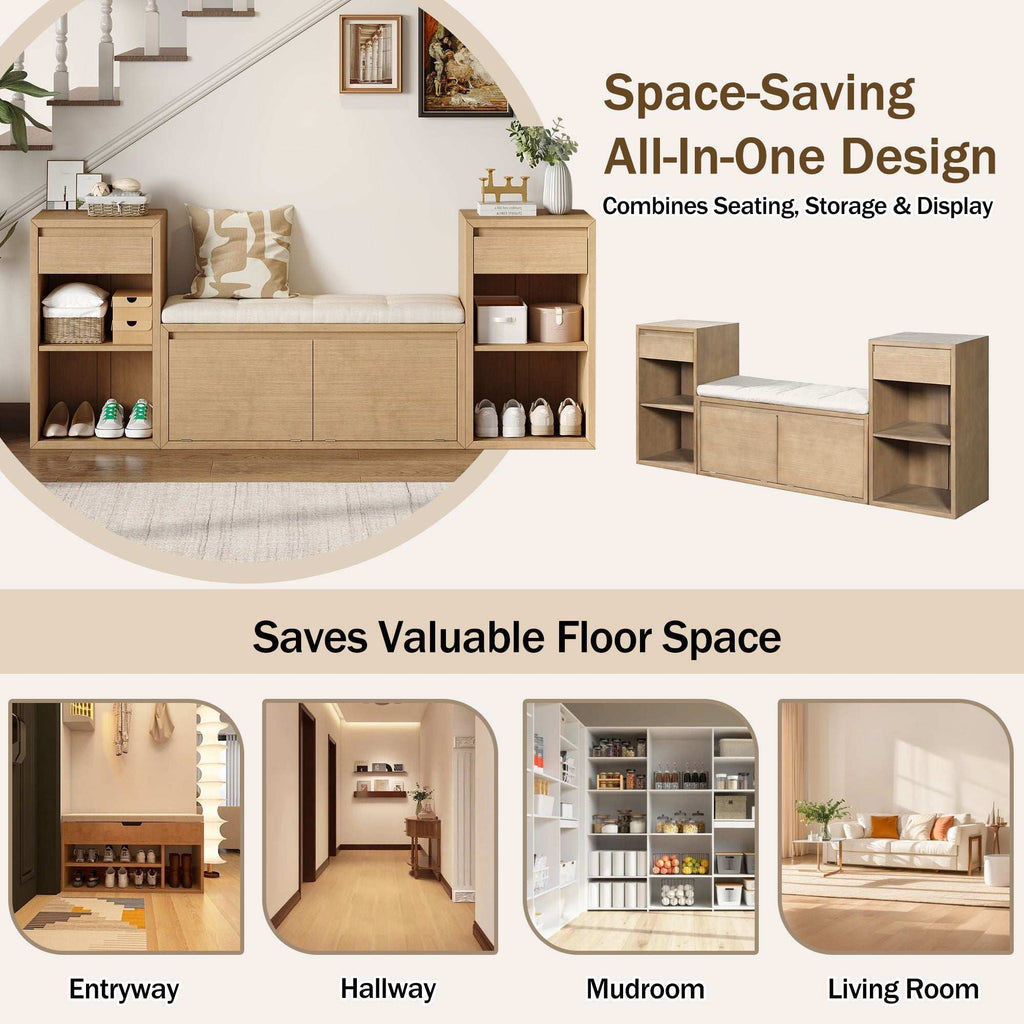 Brown entryway storage bench with cushion, drawers, and open shelves for organized seating and storage