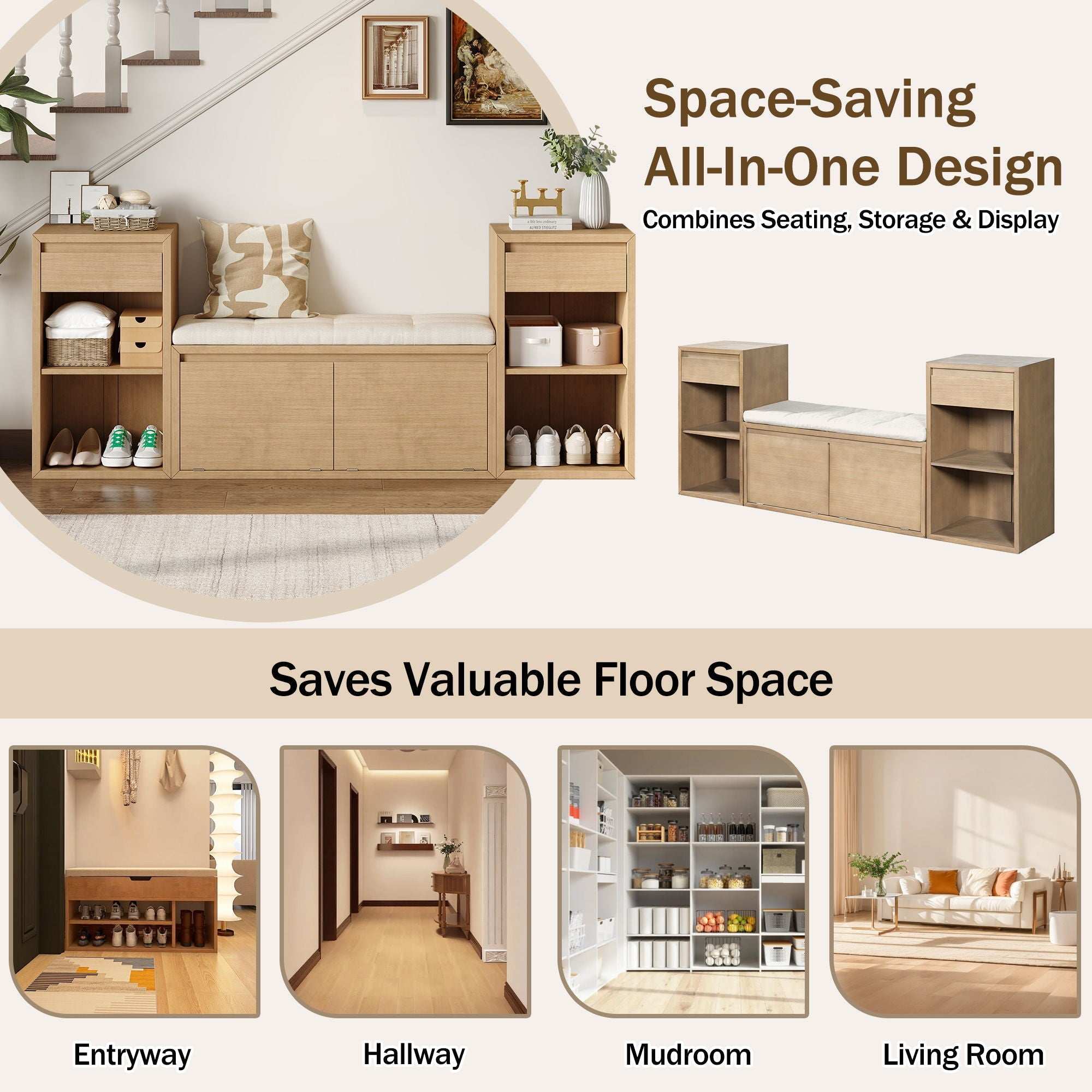 Brown entryway storage bench with cushion, drawers, and open shelves for organized seating and storage