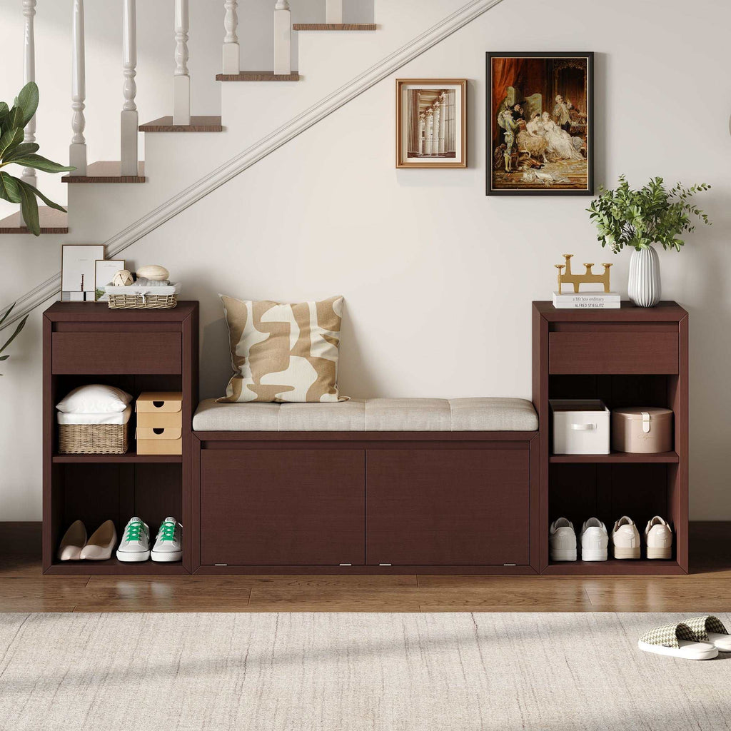 Entryway storage bench with cushion, drawers, and open shelves in multiple finishes