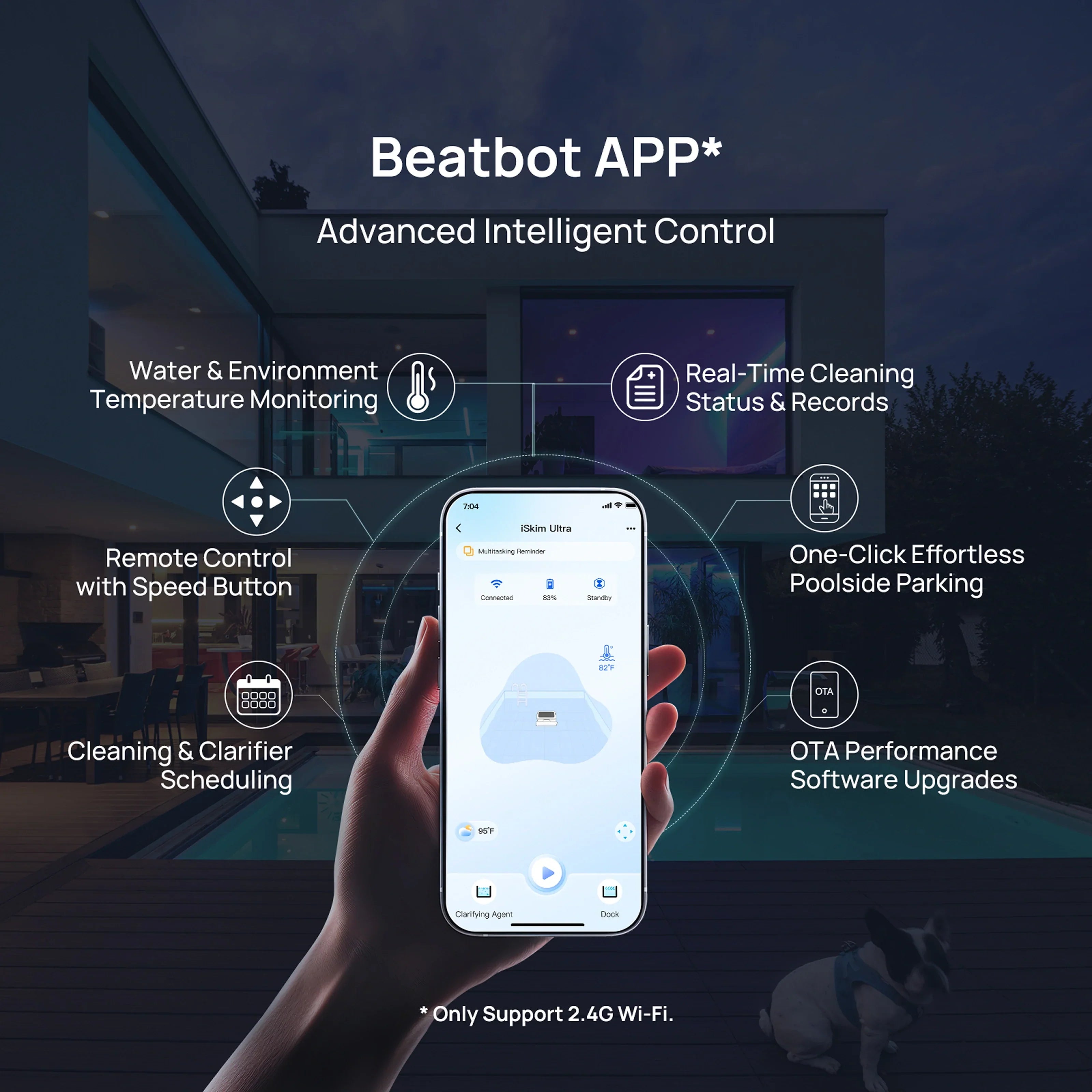 Beatbot iSkim Ultra robotic pool skimmer cleaning floor, walls, and water surface with AI mapping and 9-motor system